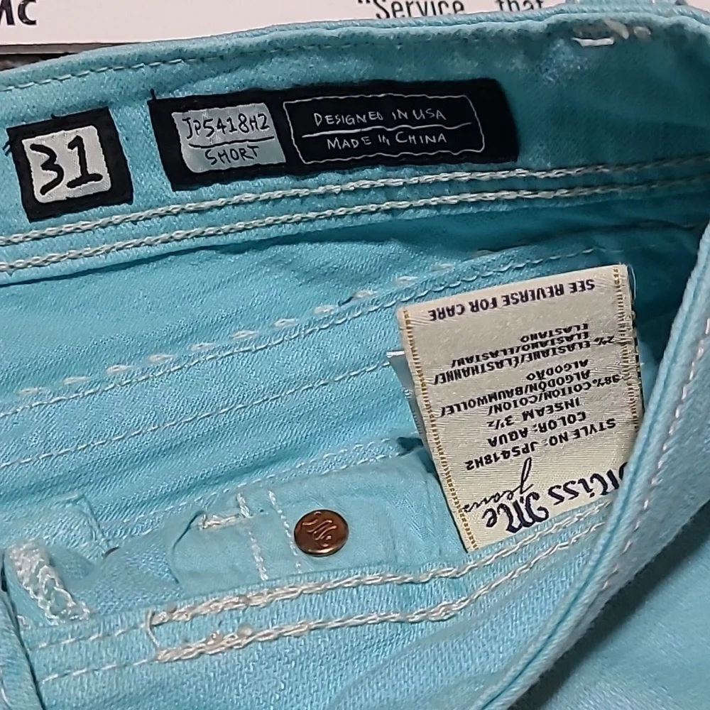 MISS ME AQUA RAW-HEM EMBROIDERED RHINESTONES DENIM JEAN SHORTS PRICE FIRM